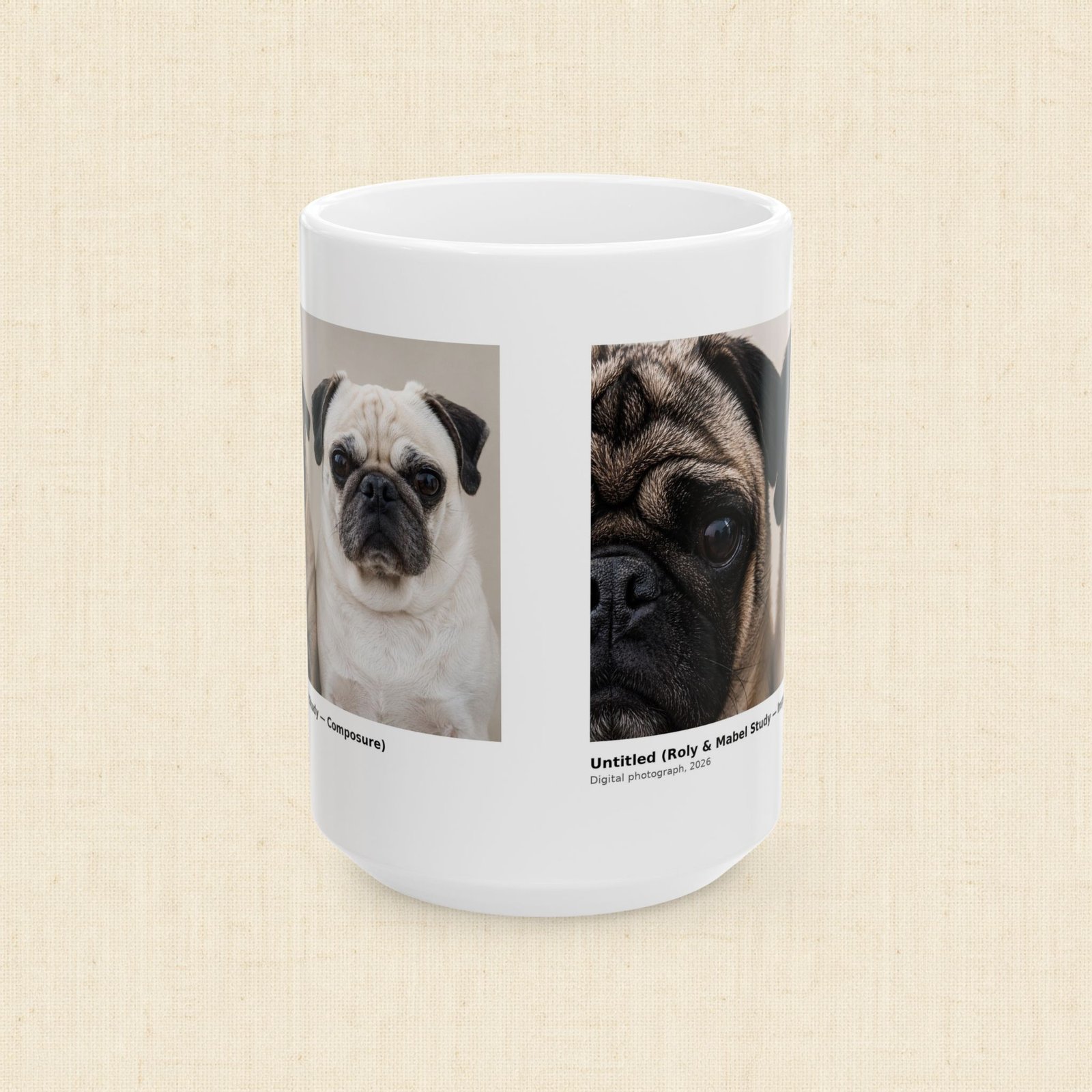 Roly & Mabel Study No. 1 | Gallery Edition Mug 15oz | Composure-Inspection | Pug Portrait | Collector Art Mug
