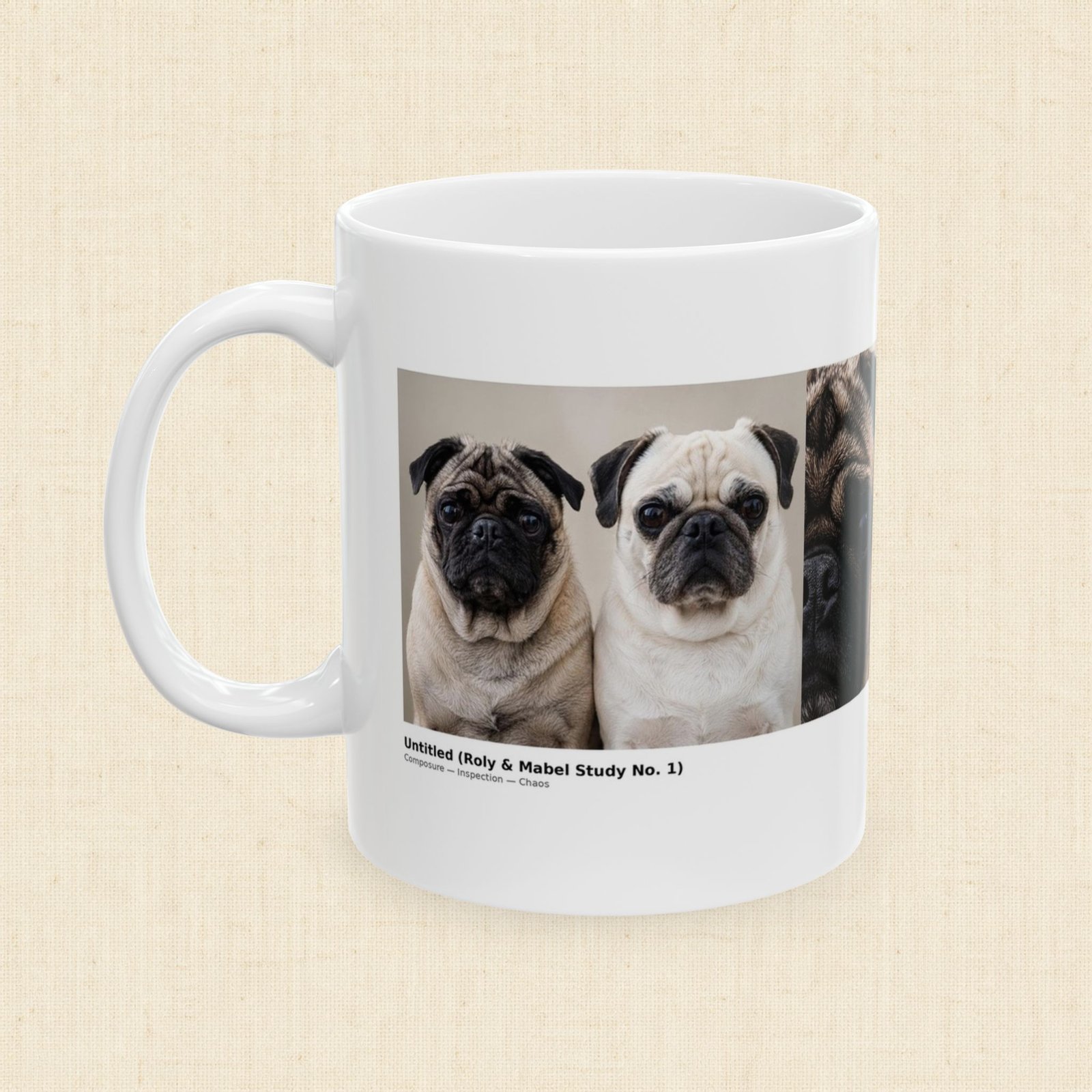 Roly & Mabel Study No. 1 - Gallery Edition Mug 11oz | Museum Caption | Pug Portrait Triptych | Collector Art Mug