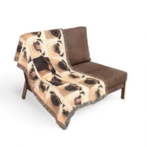 Grumble Lo-Fi Pug Blanket | 9-Panel Pug Grid Woven Throw | Funny Pug Gift | Study Vibes Cotton Tapestry | Fringe